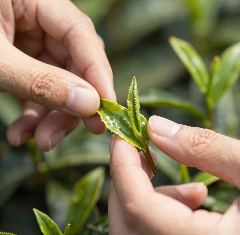 Macro close-up of raw green tea leaves being inspected by hand in natural high-contrast daylight, focus on the texture of the leaves and hands, soft background of a tea estate.