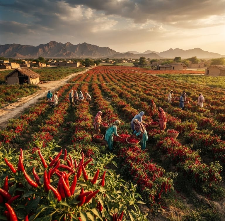 Wide panoramic view of sun-drenched red chili fields in Sindh, Pakistan, with workers hand-harvesting in the distance, moody high-contrast side-lighting.