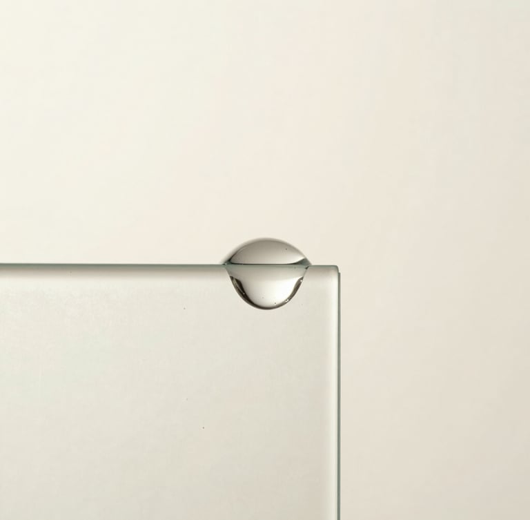 Macro photograph of a single viscous serum droplet suspending on a clean frosted glass edge, soft diffused clinical daylight, sharp focus, minimal composition.