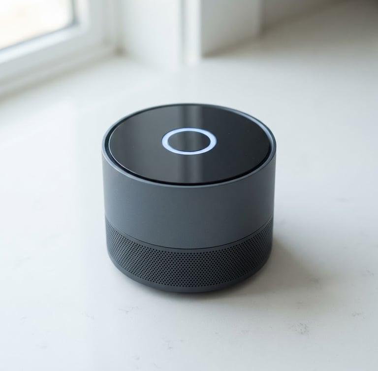 Close-up of a modern smart home alarm hub with a glowing status light, sleek design, on a clean white surface, bright daylight, cool blue and slate gray tones, sharp focus, 35mm lens.