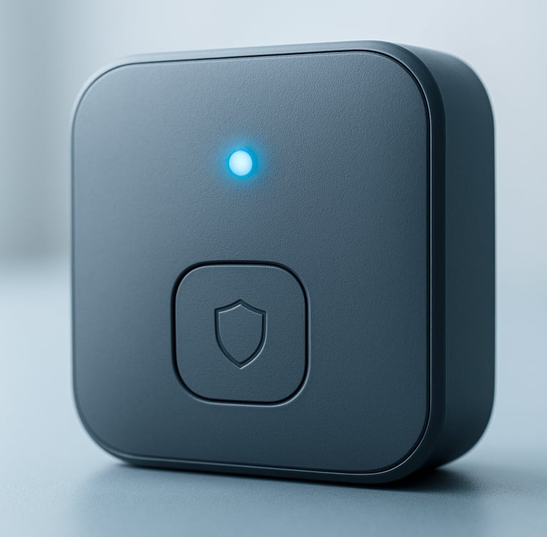 Macro close-up of a modern smart home alarm hub, clean matte gray casing, status LED glowing soft blue, bright daylight, sharp focus, 35mm lens