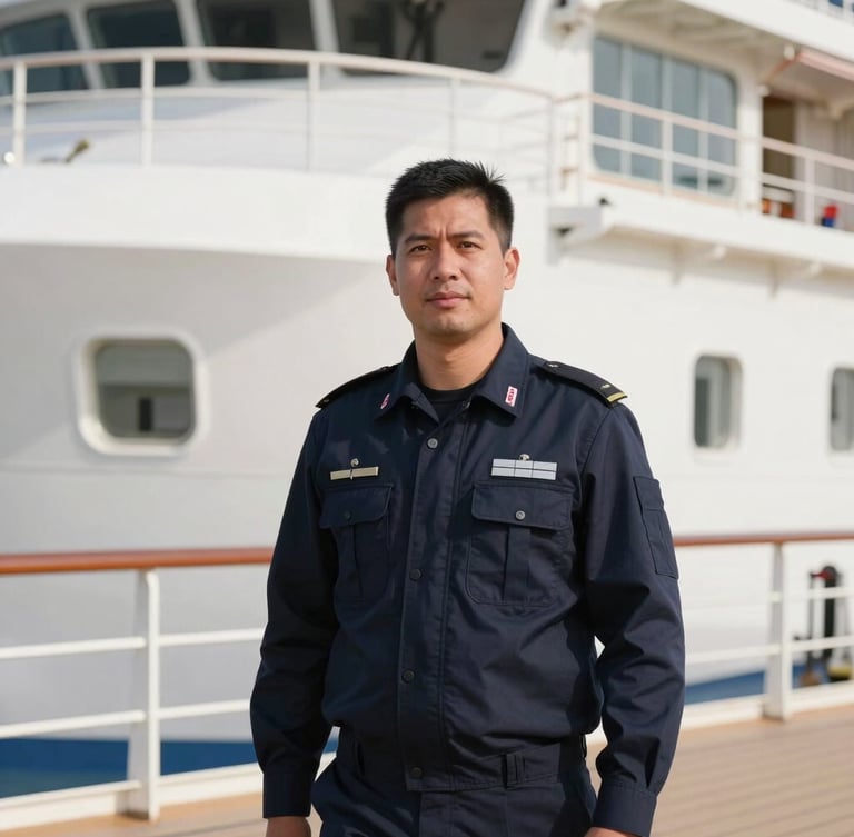 Crisp editorial portrait of a professional maritime operations manager in a dark navy uniform on a cruise ship deck, bright natural maritime daylight, sharp focus, 35mm
