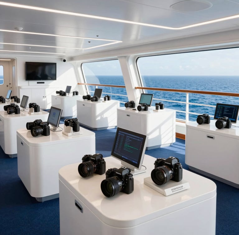 Wide environmental shot of a modern, organized digital photography hub onboard a luxury cruise ship, clean white counters, high-end cameras on display, natural ocean light through windows