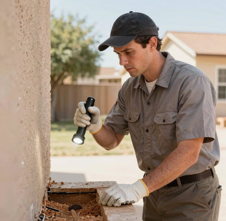 Portrait aspect, medium shot of a clean-cut pest control technician in uniform, wearing gloves, carefully inspecting a home's foundation with a flashlight, focused on the task. Warm Texas daylight, natural outdoor sun, clean authentic colors, sharp focus, professional local service aesthetic.