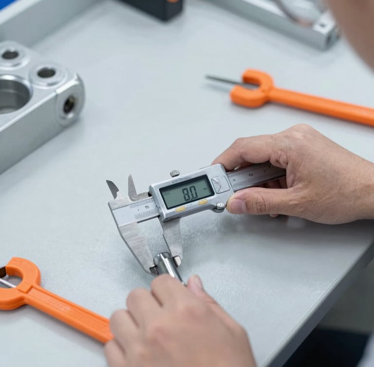 Crisp industrial photography of a quality inspector using a digital caliper to measure a manufactured metal component on a clean slate-gray workbench, safety-orange accents on tools, bright cool daylight.