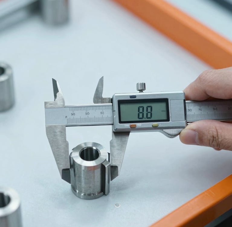 Close-up action shot of quality inspection, a hand using a digital caliper to measure a manufactured metal component, bright cool industrial lighting