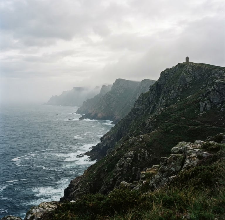 Wide panoramic view of the misty cliffs of Herbeira, Galicia, at soft overcast daylight. The rugged coastline recedes to the left, with the ocean visible in the mid-ground. Deep green and granite tones, 35mm film mood.