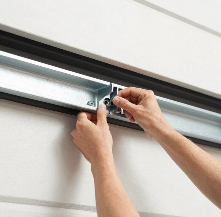 A technician's hands adjusting a heavy-duty steel bracket on a garage door track, close-up, bright daylight, 35mm lens