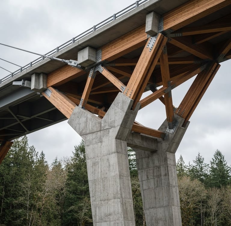 Architectural close-up of a modern concrete bridge support under soft overcast daylight, clean geometric lines, professional engineering focus