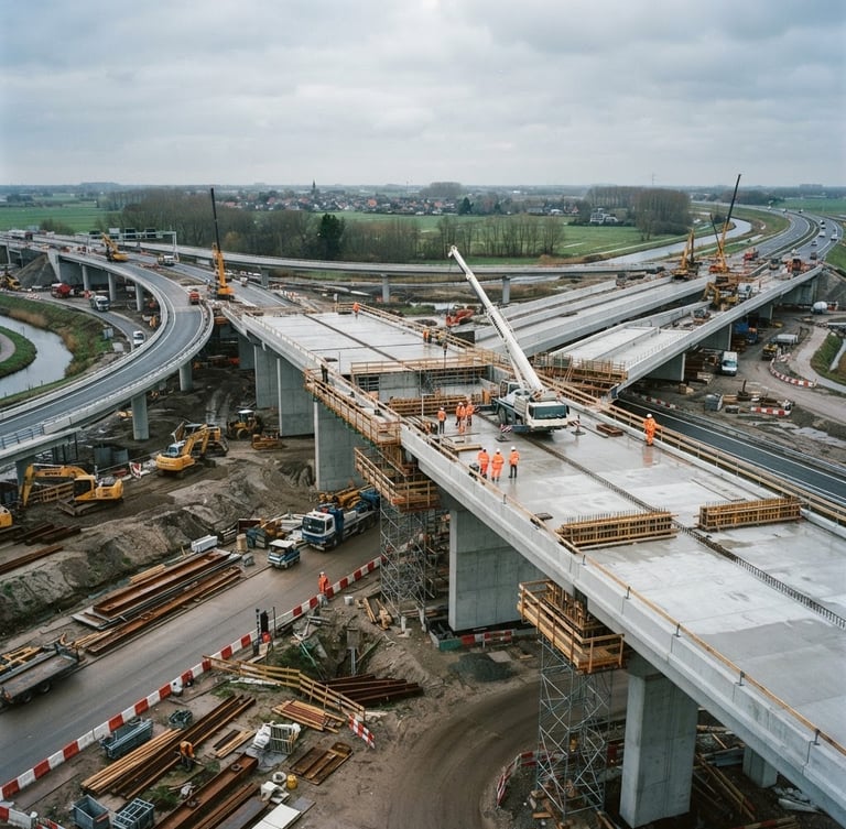 Wide architectural documentary shot of a Dutch highway construction site under soft overcast daylight, clean concrete structures, 35mm lens