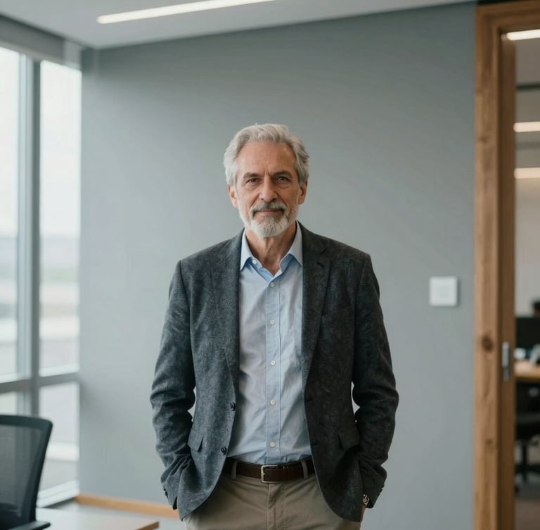 A professional portrait of a senior male project manager in smart casual attire, standing in a modern architectural office with soft natural light, warm slate gray background
