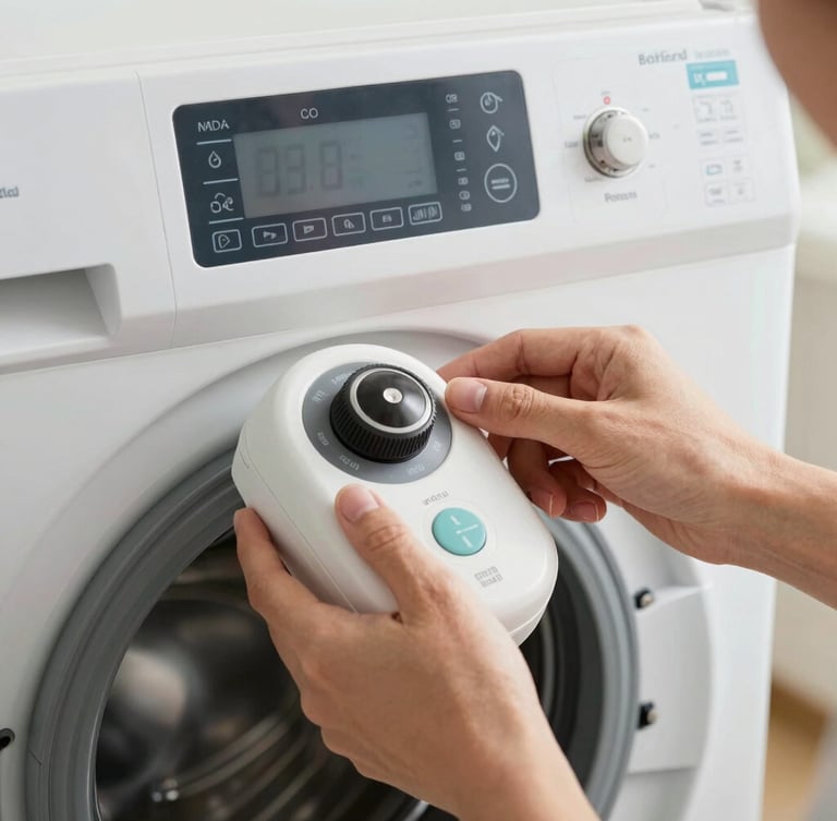 Close-up of professional hands using diagnostic equipment on a modern digital washing machine control board, sharp technical focus, bright natural lighting