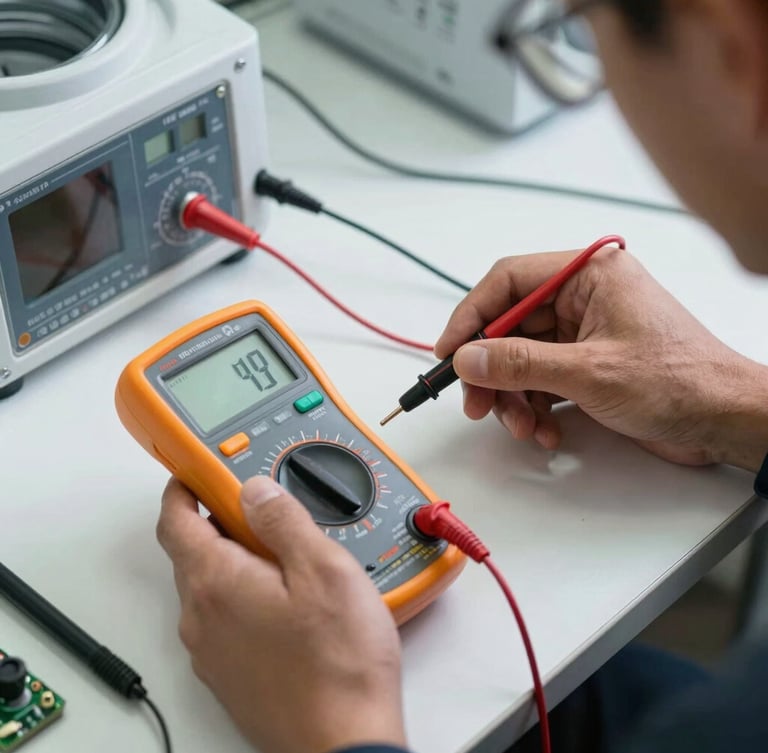 Close-up of a technician's hands using a digital multimeter to test a washing machine's electronic control board, professional tools laid out neatly on a clean workspace