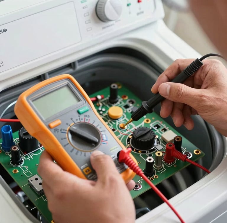 Tight close-up of a technician's hands using a digital multimeter to measure voltage on an exposed washing machine control board. Clean, bright daylight, technical precision, sharp focus on the probe tips.