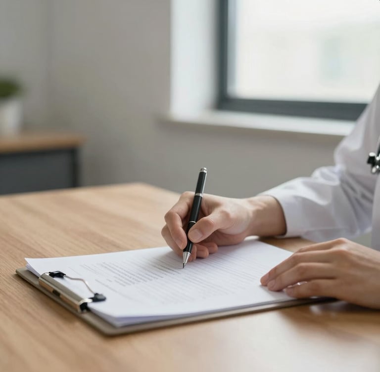 A clean professional setting with soft natural window light, an organized medical file on a wooden table, professional hands resting on it, high-trust corporate editorial style.
