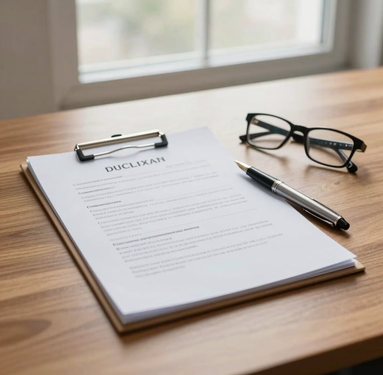 A clean flat-lay of professional medical-legal files, a fountain pen, and a pair of glasses on a warm wooden desk, illuminated by soft natural overcast daylight from a nearby window.