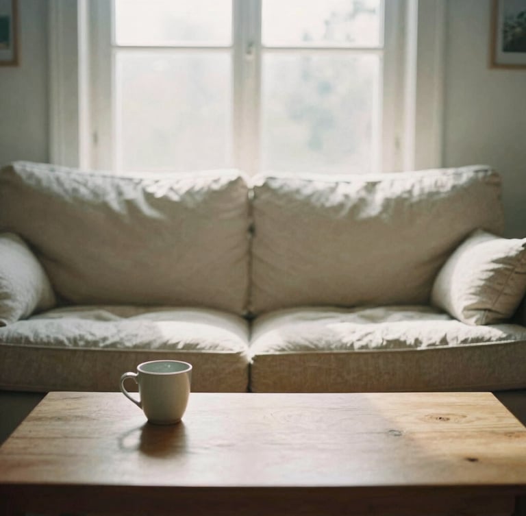 Lived-in German living room, soft linen sofa, warm oak coffee table with a ceramic mug, diffused morning light through a large window, 35mm film
