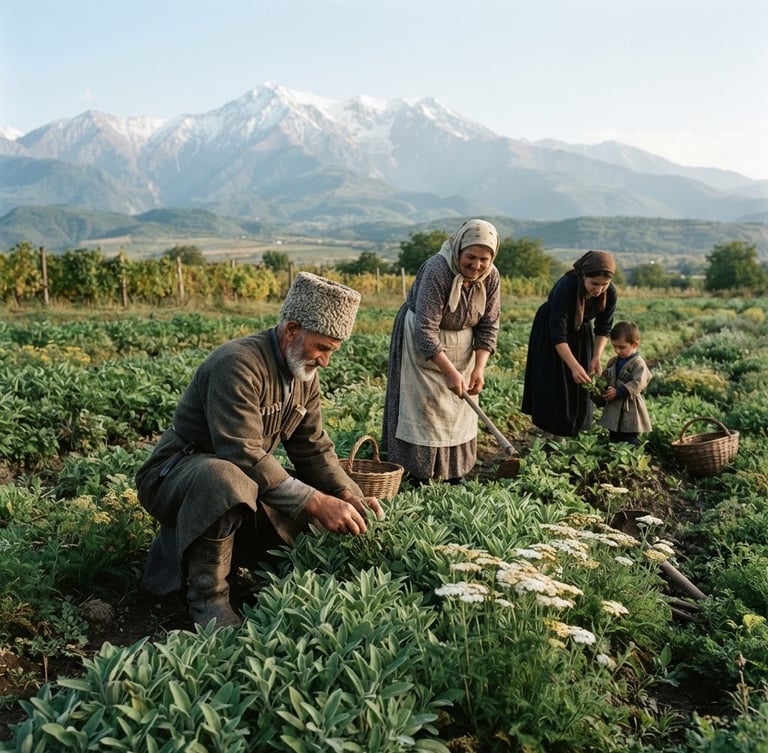 Historical photograph of Georgian family farmers in traditional attire, tending to rows of medicinal plants in the Kakheti region, Caucasus mountains in the background, crisp morning daylight, natural but polished, 35mm.