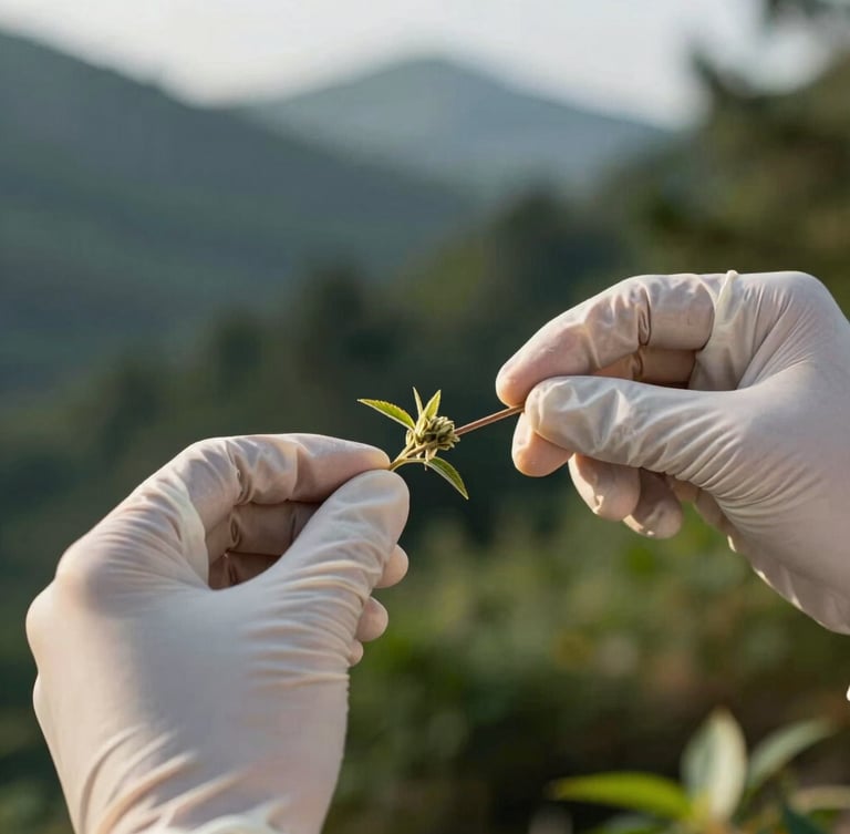 Close-up of scientist hands in sterile gloves performing a laboratory test on a medicinal plant sample, crisp morning daylight, high contrast, deep forest green and gold tones.