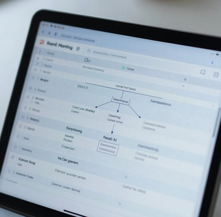 Macro shot of a high-resolution tablet screen displaying a clean database schema with table relations, bright clinical daylight, cool blue tones, structured UI.