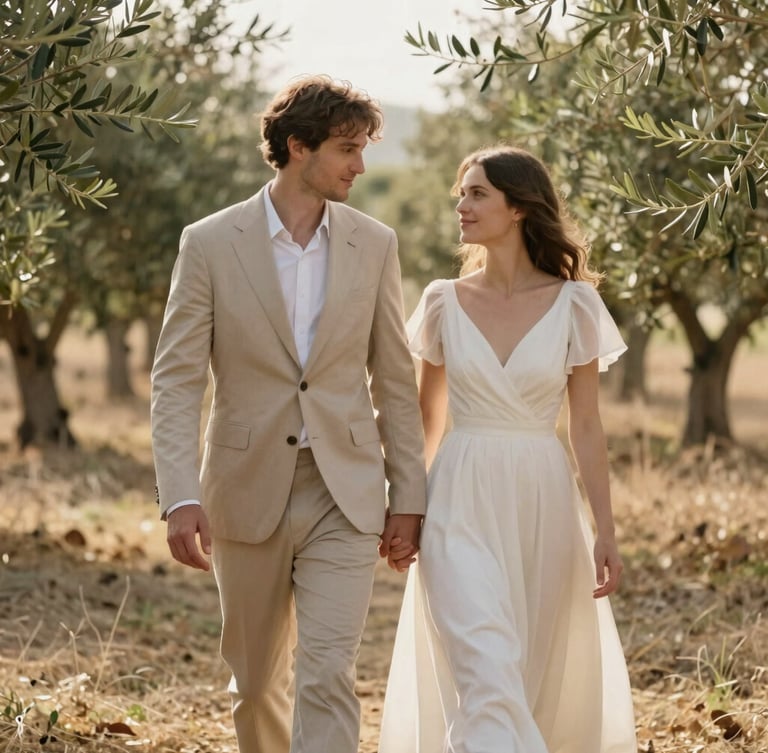 Elegant portrait of a couple walking hand-in-hand through a sunlit olive grove, soft warm tones, editorial photography style