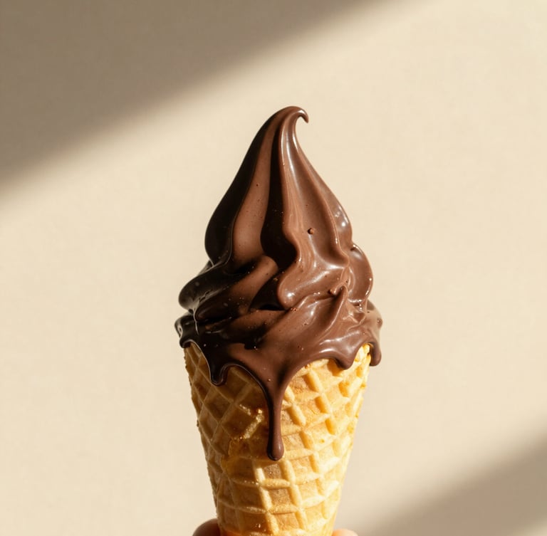 Macro shot of a dripping mango and dark chocolate gelato cone held against a solid warm cream background. High-contrast, sun-drenched lighting with dramatic shadows.