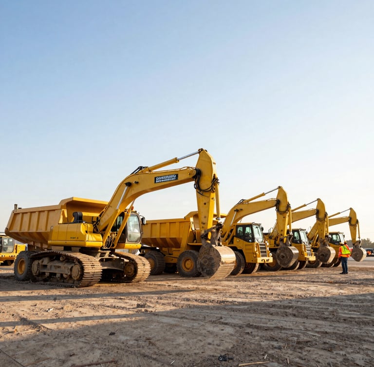 Low-angle heroic perspective of a line of bright yellow heavy excavators and dump trucks parked at a DIVERSIFIED RESOURCES INC yard at sunrise, high contrast, high visibility gear on ground crew, wide-angle lens