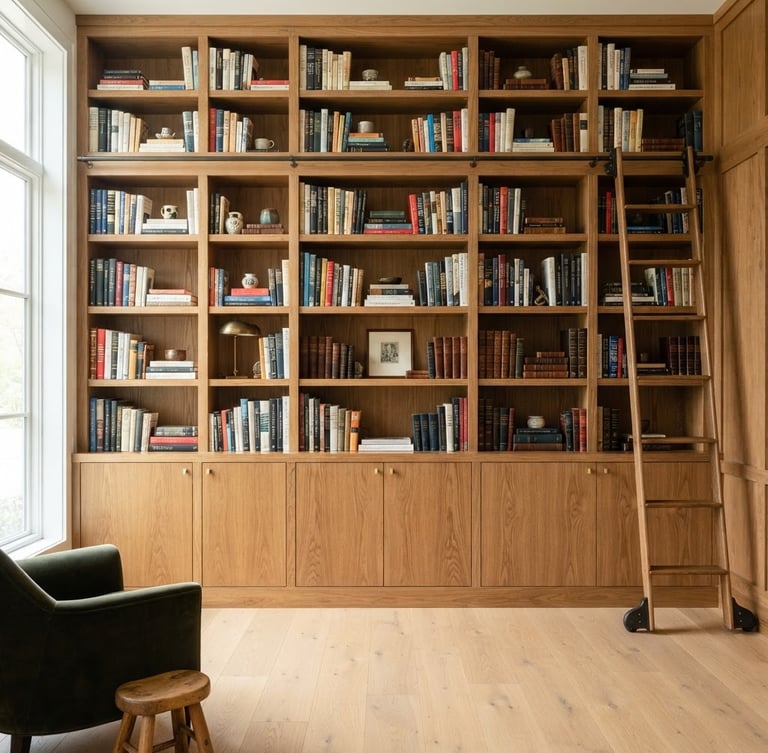 Crisp architectural photography of a custom floor-to-ceiling library with integrated oak shelving, bright natural daylight, sharp focus on flush joints and clean wood grain textures, 35mm lens