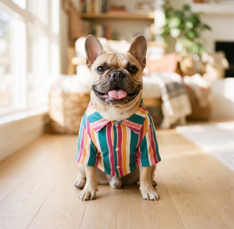 Bright editorial photography, warm natural daylight, a happy French Bulldog wearing a custom-tailored colorful teal and berry striped shirt, sitting comfortably on a clean light floor, eye-level medium shot, 35mm