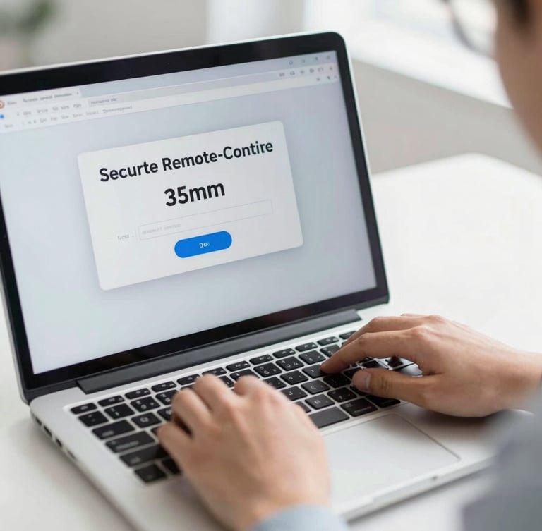 Close-up of a clean laptop screen showing a secure remote-connection software prompt, bright natural daylight, hands typing comfortably, 35mm.