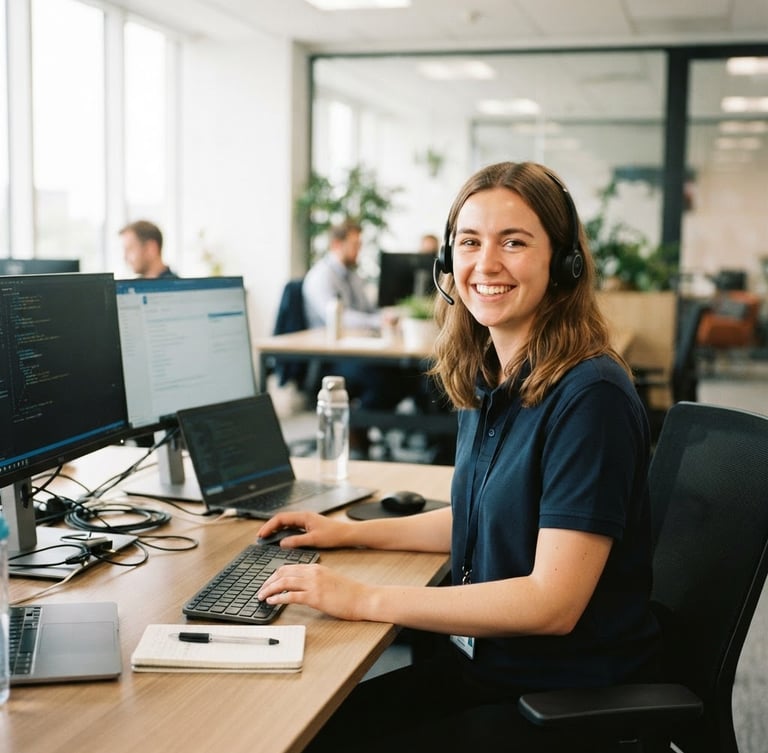Bright editorial photo of a friendly IT technician wearing a headset, smiling in a clean, daylight-filled modern office, 35mm