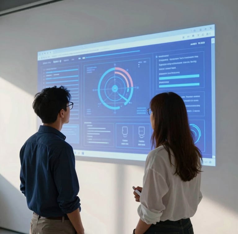 Crisp editorial photography of two creative directors analyzing a digital interface projected onto a gallery wall, cool natural daylight, high-contrast tones with electric blue accents, sharp focus, 35mm