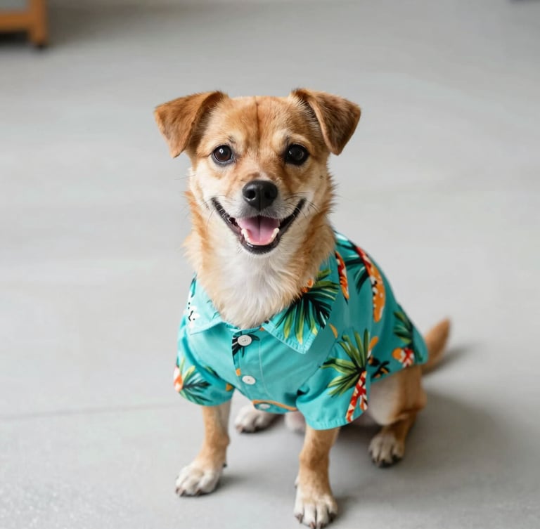 A happy small dog wearing a vibrant turquoise tropical print shirt, sitting comfortably on a clean light gray floor, warm natural daylight, 35mm