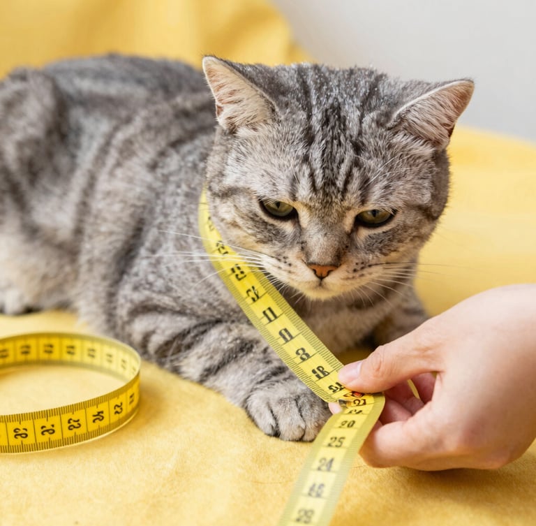 Close up of a tailor measuring a calm grey tabby cat with a soft yellow measuring tape, warm natural daylight, focus on the fabric texture and hands, bright friendly atmosphere