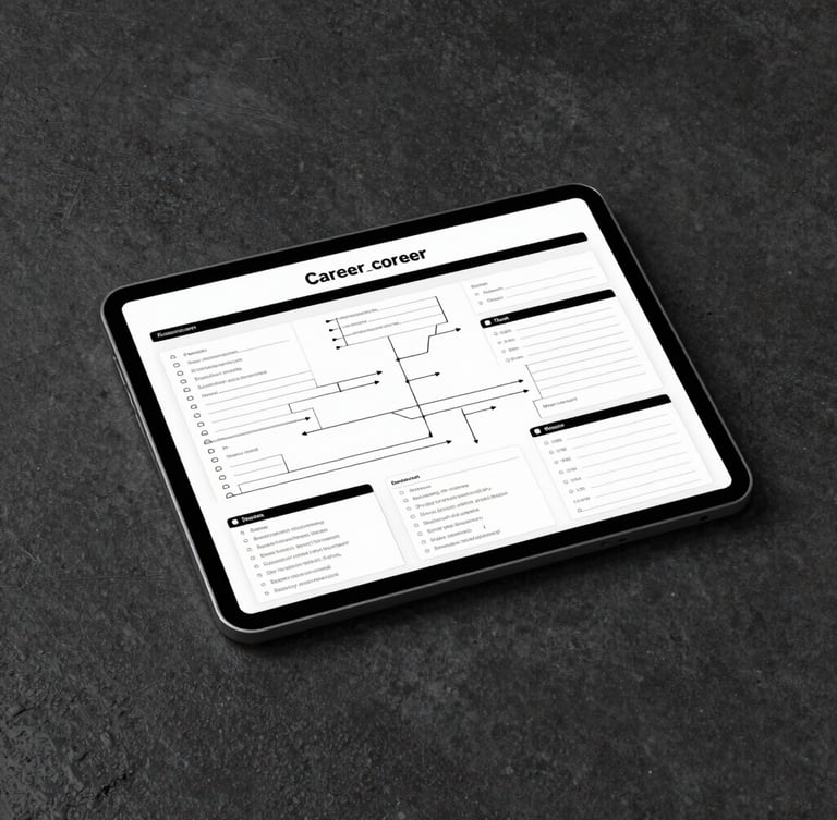 Sleek modern tablet screen on a dark textured concrete surface, displaying a highly structured career-mapping worksheet with sharp screen glow, high contrast black and white, 50mm portrait