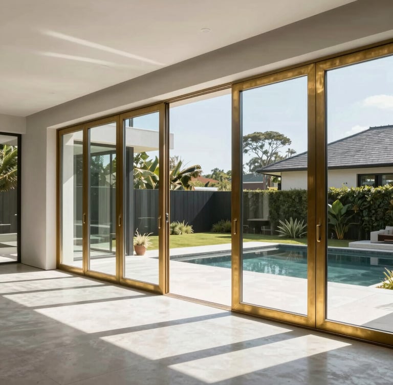 A wide-angle architectural shot of a luxury home extension interior, bright natural daylight streaming through floor-to-ceiling glass doors, minimalist concrete floors, and brushed brass details
