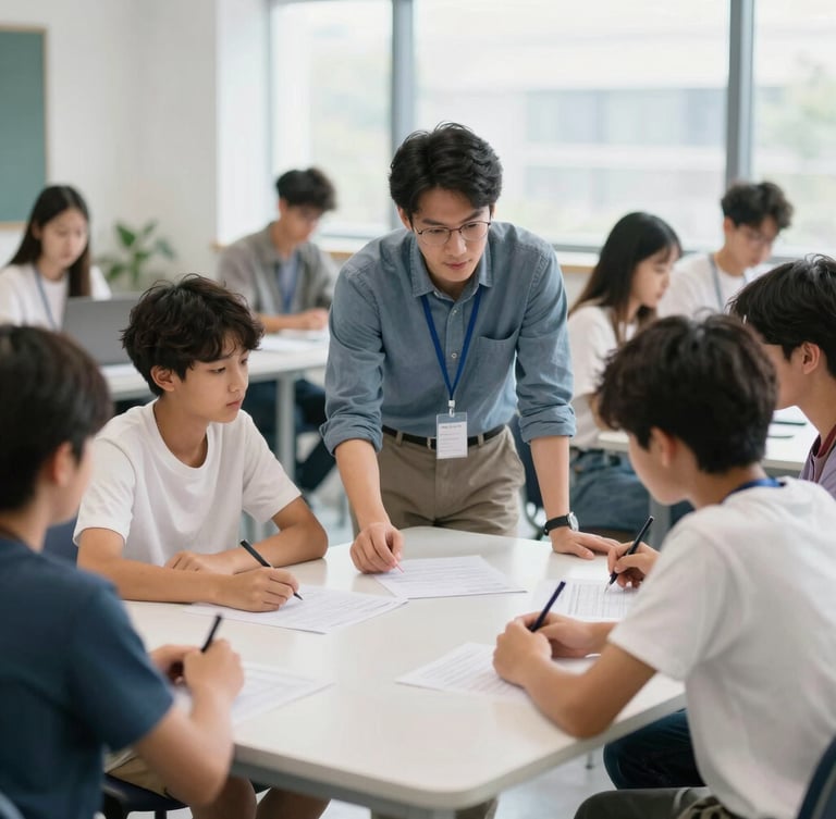 Estudiantes y un docente colaborando en un espacio de aprendizaje moderno y luminoso, con luz natural, enfocados en una interacción auténtica.
