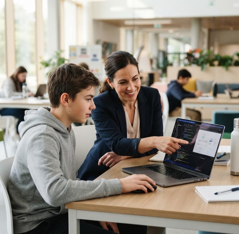 Professional educator guiding a focused student in a bright, modern, and clean digital learning environment, soft natural light, shallow depth of field, clean editorial photography.