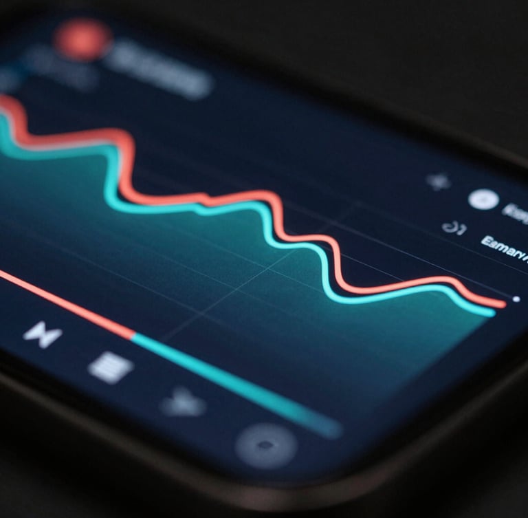 Extreme macro close-up of a high-fidelity mobile UI screen displaying fluid media playback curves, vibrant neon coral and cyan lines on a deep charcoal interface, dark moody studio lighting