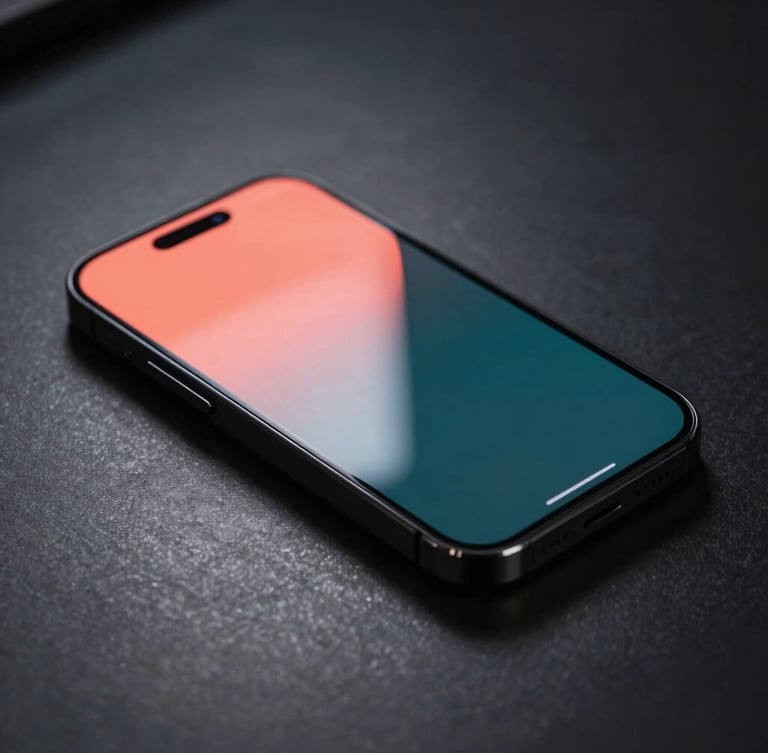 Sleek modern smartphone lying flat on a dark steel surface, angled perspective showing glowing coral ambient light reflecting off the glass screen edge, dark moody studio lighting, 35mm