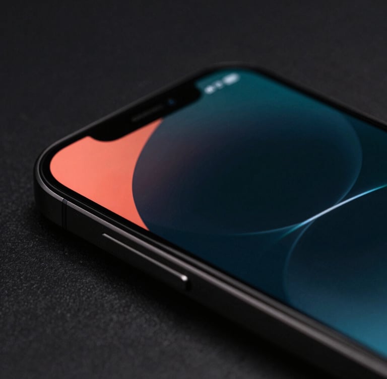 Macro close-up of a modern bezel-less phone screen showing a dark-mode interface with vibrant coral accents, angled perspective, moody low-key studio lighting.