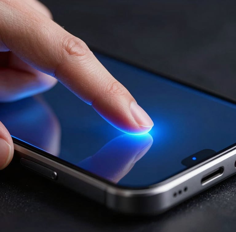 Macro close-up of a finger tip touching a sleek bezel-free interactive glass panel, vibrant electric blue light emitting from the point of contact, high-contrast dark studio lighting, 50mm lens