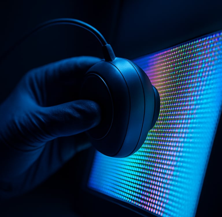 Macro detail shot of a technician using a colorimeter calibration tool on a vibrant pixel array, dark ambient background, electric blue lighting, 50mm lens