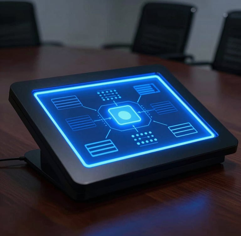 Sharp commercial photography of a bezel-free interactive display panel in a dark corporate boardroom, glowing electric blue lights, high-contrast studio lighting, 50mm lens
