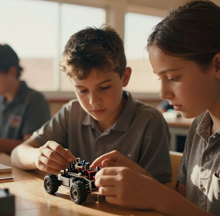 Close-up of two middle school students, a boy and a girl, focused on assembling a small robotic vehicle, natural warm desert sunlight streaming through a classroom window, shallow depth of field, 35mm film look.