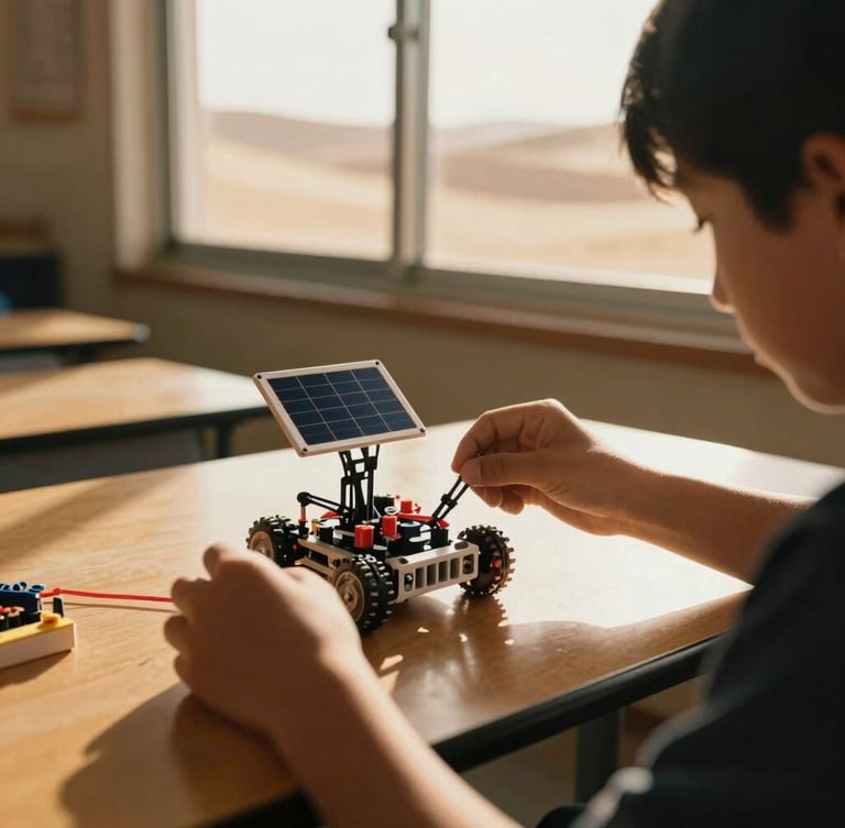 Close-up of a student assembling a small solar-powered robotics kit on a wooden desk, warm golden-hour desert sunlight streaming through a classroom window, 35mm film look.