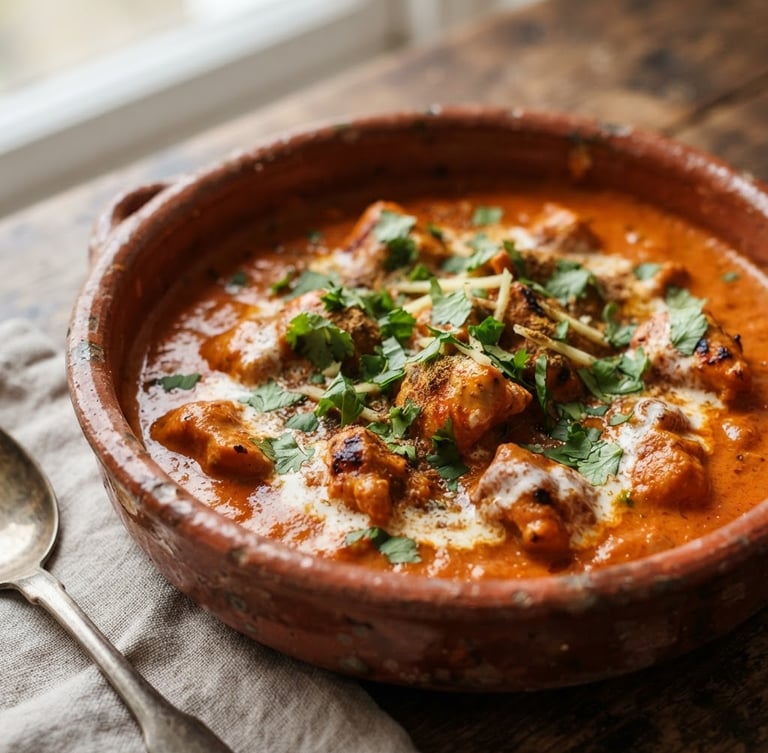 Close-up of a rustic ceramic bowl filled with rich, slow-cooked Punjabi butter chicken, garnished with fresh cilantro, shot with soft natural window light, earthy terracotta tones, shallow depth of field, 45-degree angle.