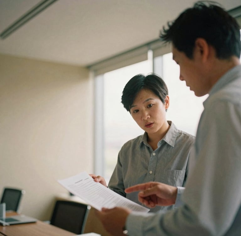 A medium candid shot of two professionals in a warm sand-toned modern office discussing a document, soft window light, shallow depth of field, 35mm film aesthetic