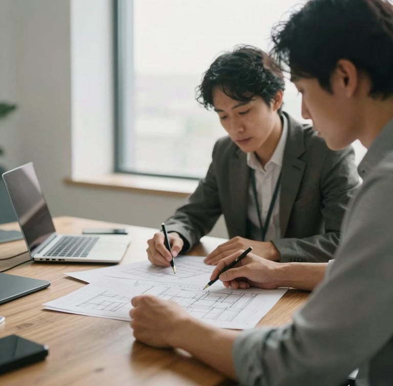 A collaborative meeting in a bright, modern office with soft window light, two professionals reviewing structural charts on a wooden table, warm editorial photography