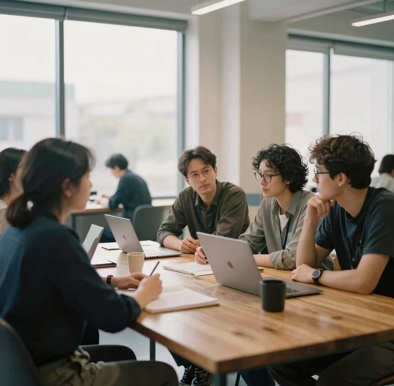 Candid wide shot of a modern collaborative workspace with natural window light, team members in focused discussions at a wooden table, 35mm film aesthetic